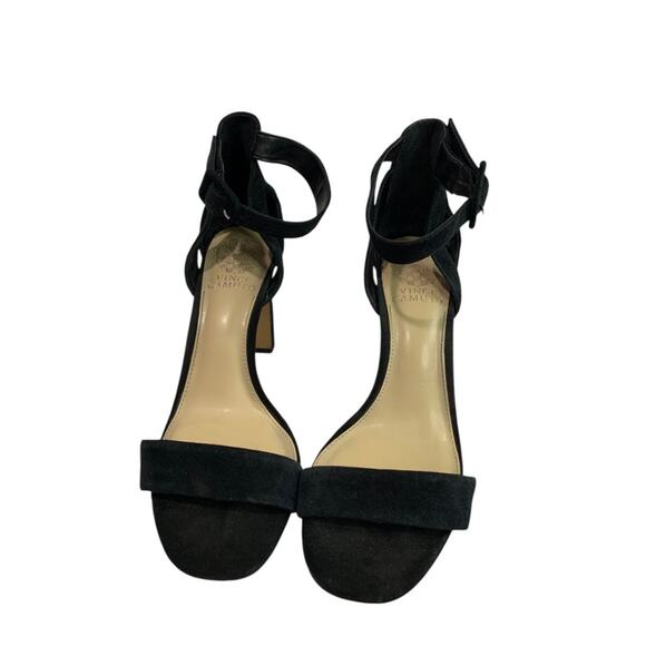 Size 8.5 Vince Camuto Black Microfiber Sandal 4" Heels Ankle Strap - Picture 2 of 10